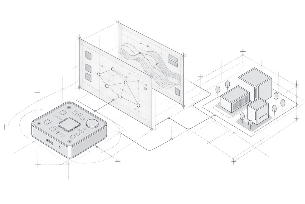 Un module électronique, des plans de données et des bâtiments reliés dans une illustration technique isométrique.
