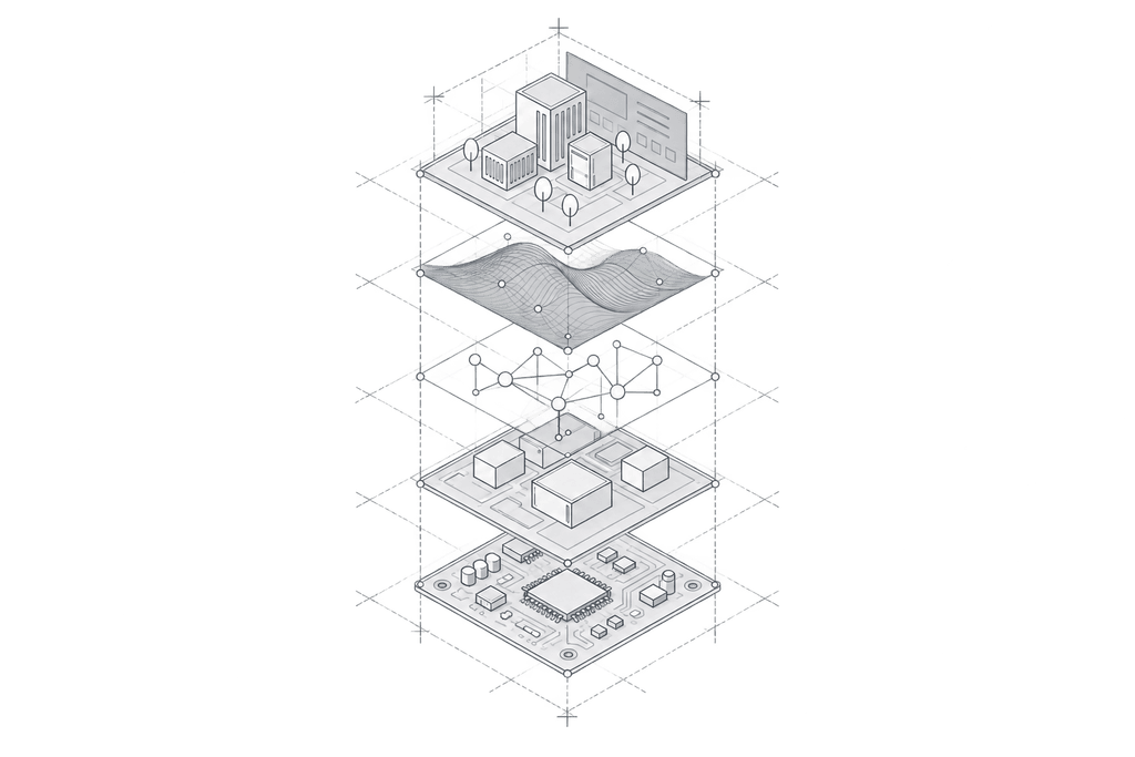 Une architecture en couches reliant électronique, calcul, données, algorithmes et monde physique.
