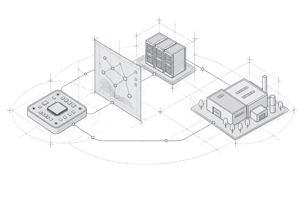 Une chaîne complète reliant capteurs, traitement des données, serveurs et installation industrielle.