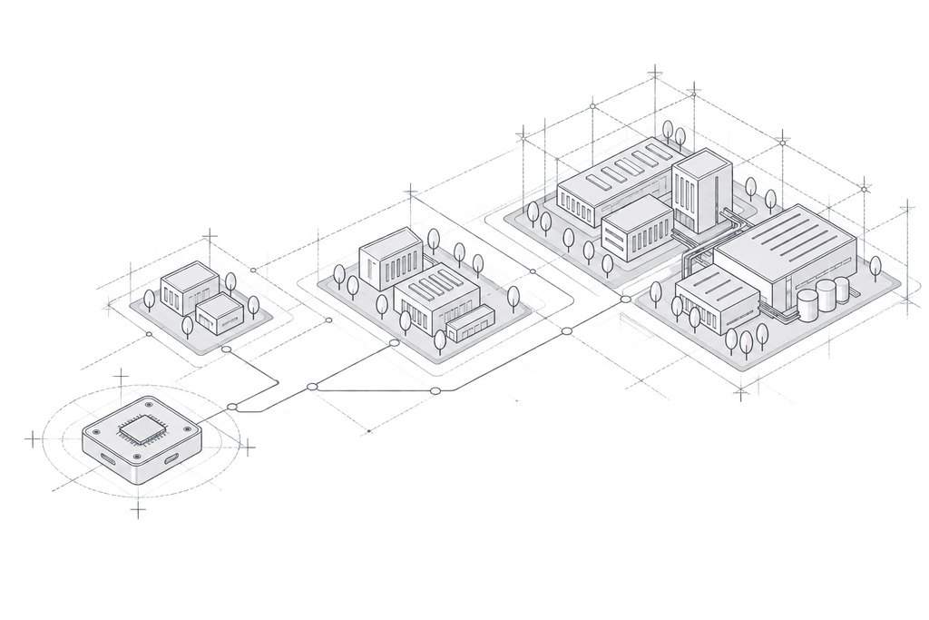 Un module technologique se déploie vers des ensembles industriels de plus en plus vastes.
