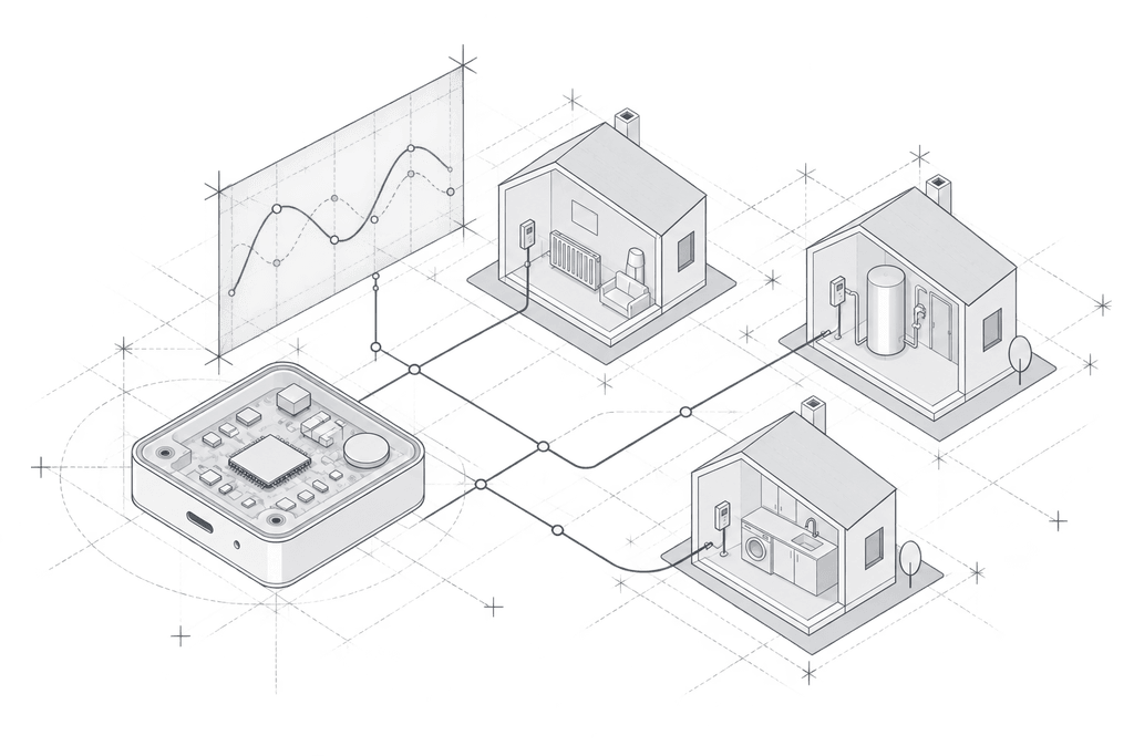 Des équipements électriques dans plusieurs logements reliés à un système de pilotage de la consommation.