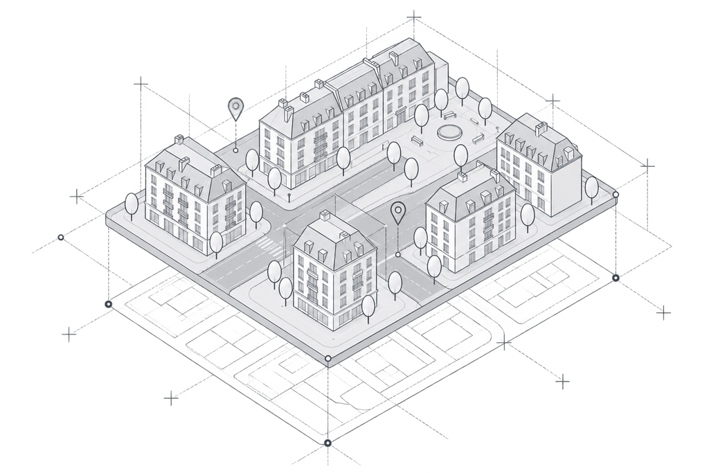 Un quartier représenté en trois dimensions, avec des repères immobiliers et une couche cartographique.