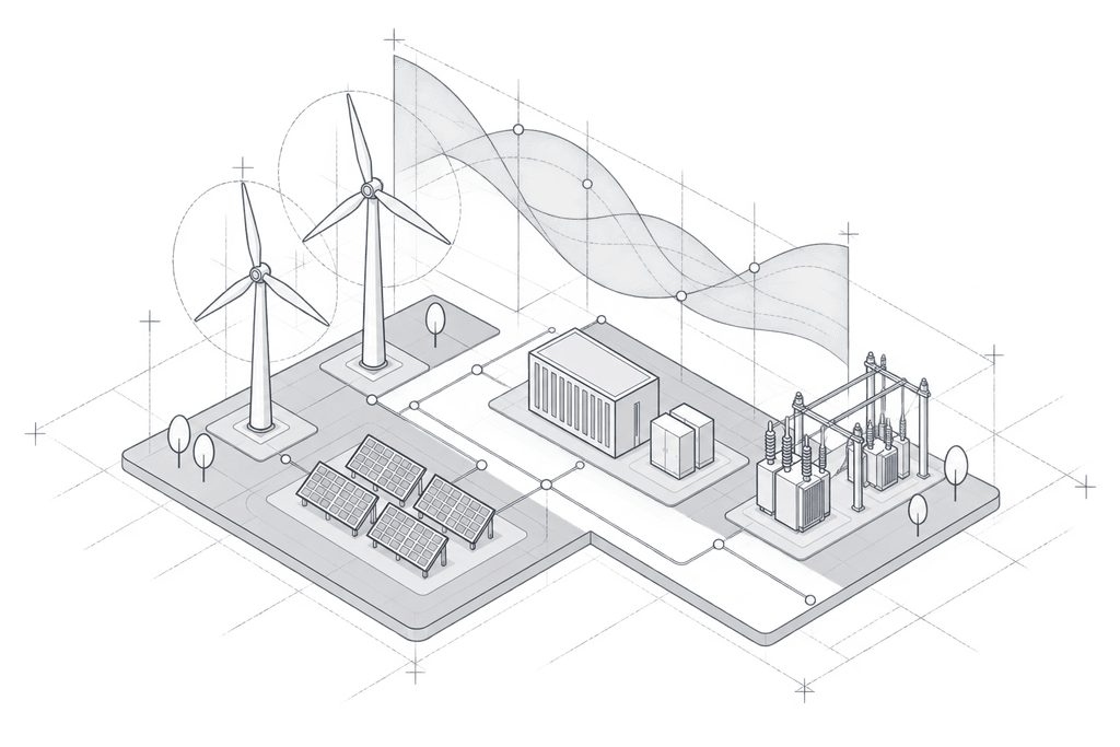 Éoliennes, panneaux solaires, stockage et poste électrique réunis dans un système énergétique.
