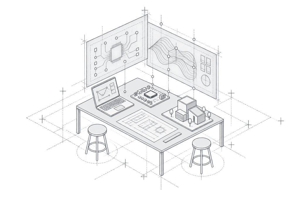 Un atelier partagé réunissant électronique, logiciel, données et maquette architecturale.